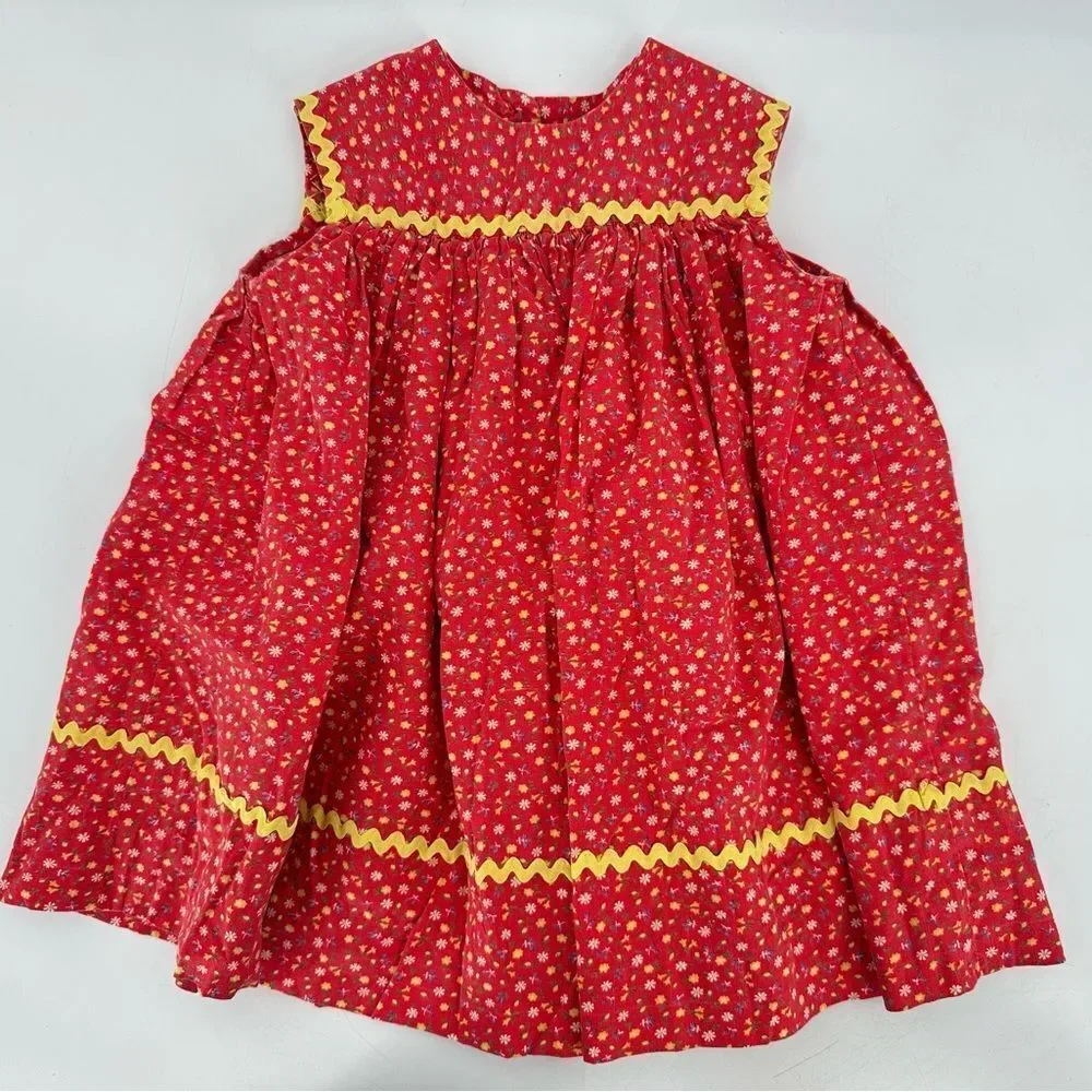 Vintage Handmade Girls Red Floral Dress 18–24M Yellow Rickrack Trim